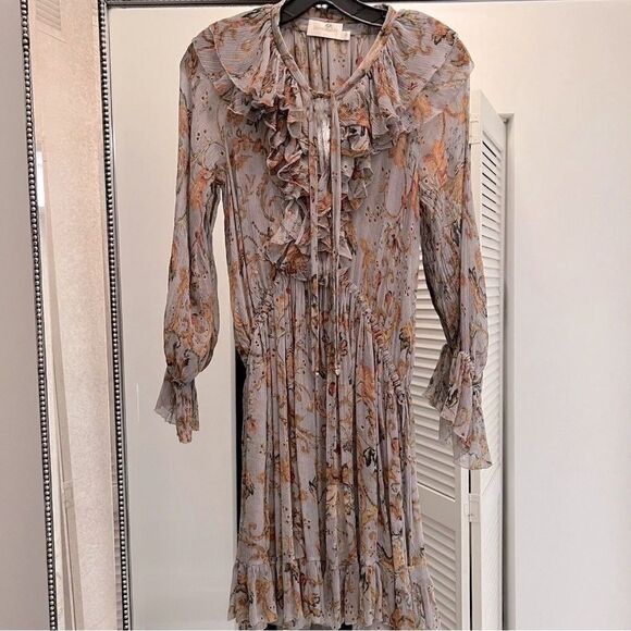 Auth Zimmermann Blue Floral Print Crinkled Chiffon Ruffled Drawstring Dress XS - Picture 6 of 10